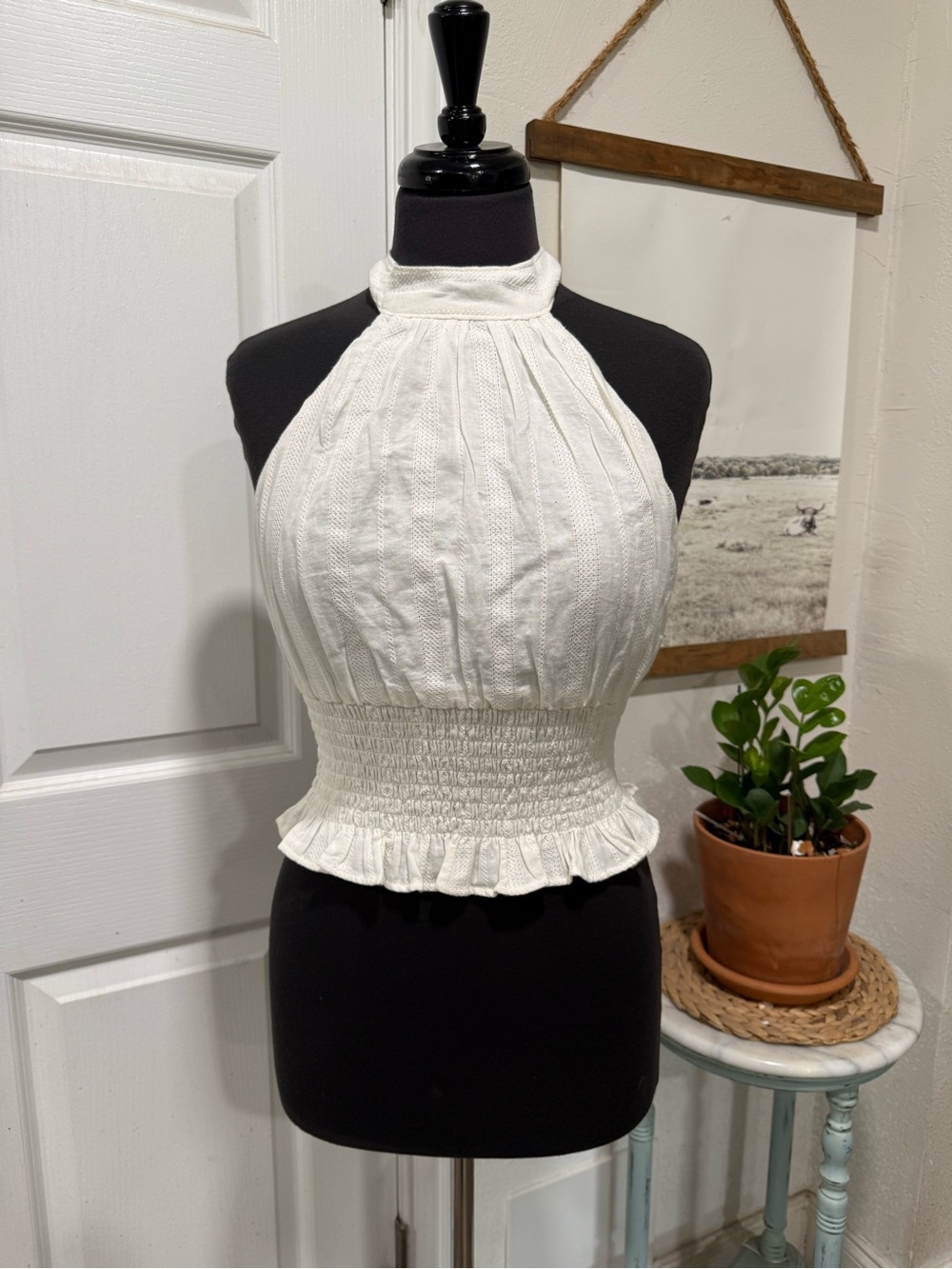 Abercrombie & Fitch White Halter Smocked Peplum Knit Top